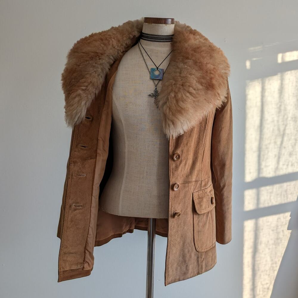 Vintage Brown Leather Coat 70s Suede Penny Lane Jacket Boho Chic Neutral Small - Picture 2 of 10